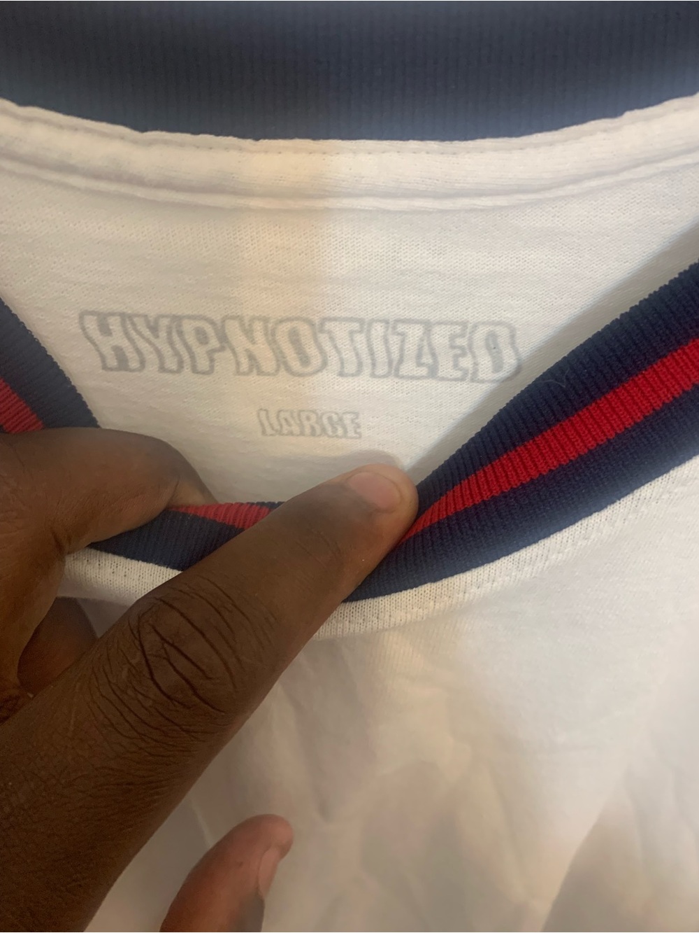 Hypnotized White Ringer Tee with Navy & Red Trim